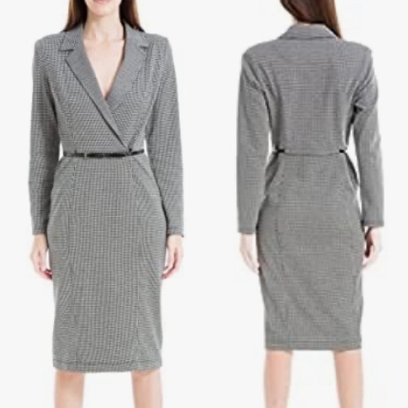 NEW Max Studio MD BROWN HOUNDSTOOTH Long Sleeve Notch Collar Belted Midi Dress - Picture 1 of 5